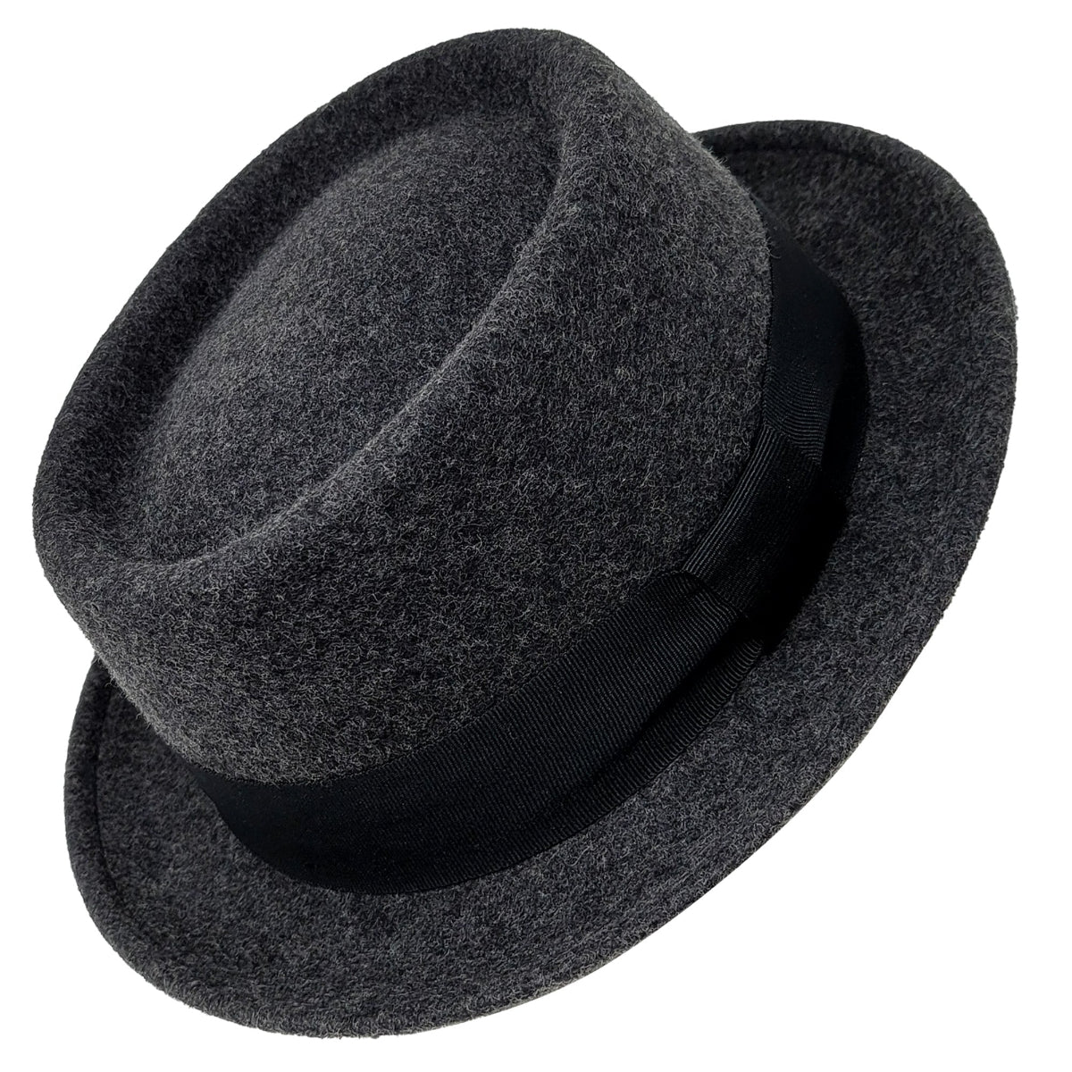 Dark gray fedora hat with a black band on a white background