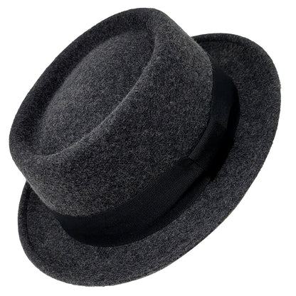 Dark gray fedora hat with a black band on a white background