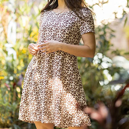 Women Short Sleeve Spotted Pattern Leopard Swing T-Shirt Dress
