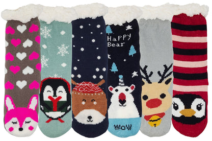 Non-Skid Slipper Socks | Sherpa Fleece Lined with Grippers Christmas | Unisex (6 Pairs)