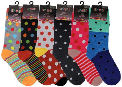 Six-pack of women’s novelty polka dot socks with reinforced cuffs.”