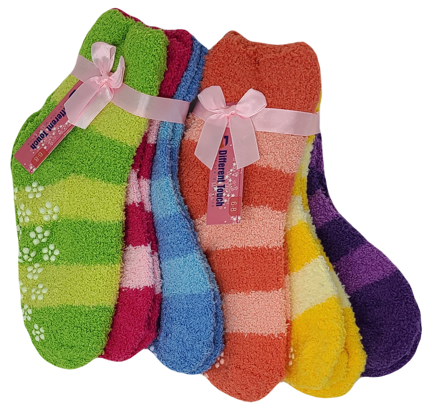 Non-Skid Slipper Socks | Cozy Fuzzy Bright Stripes | Kids (6 Pairs)