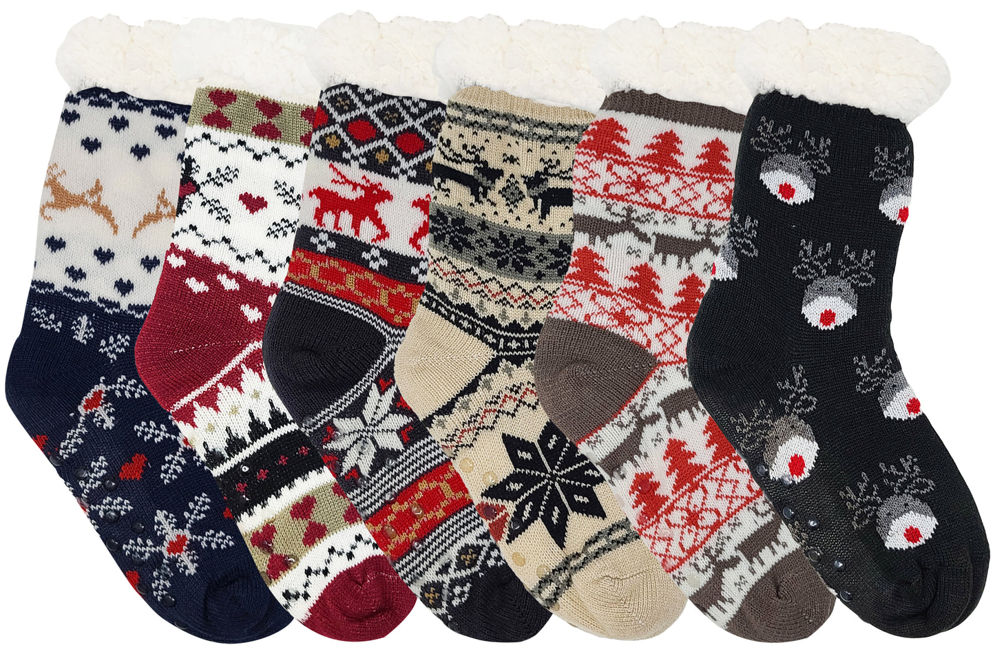 Non-Skid Slipper Socks | Sherpa Fleece Lined with Grippers Christmas | Unisex (6 Pairs)