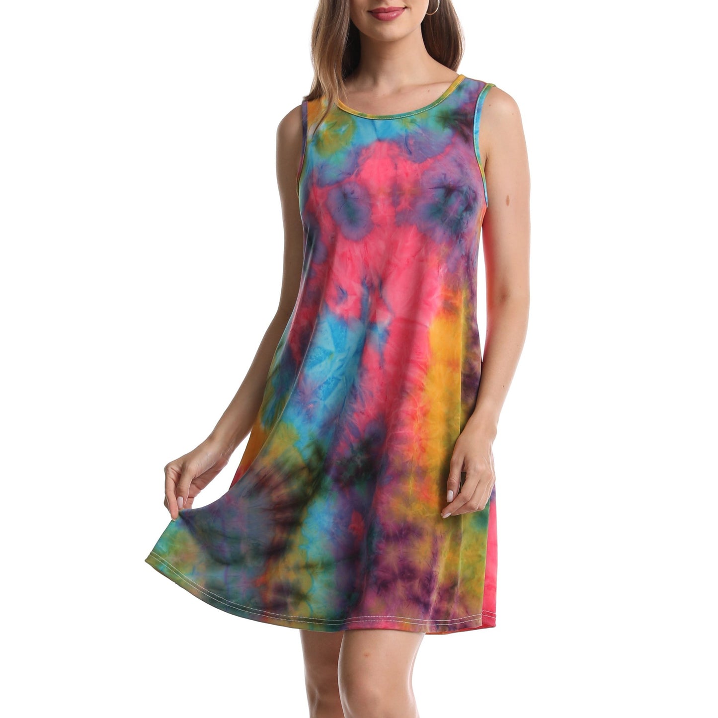 Women's Sleeveless Loose Watercolor Dresses T Shirt Tank Casual Short Dress with Pockets