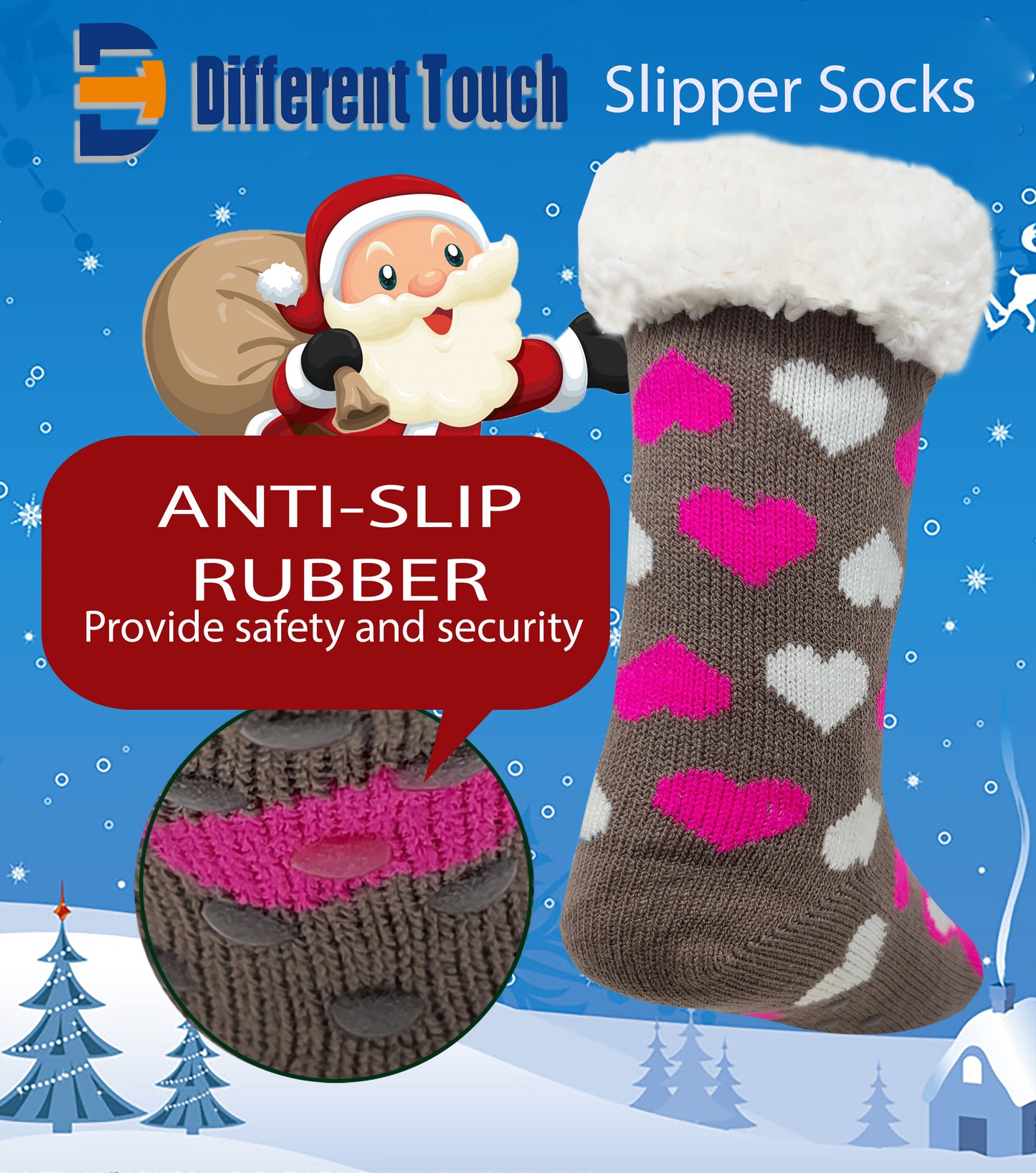 Non-Skid Slipper Socks | Sherpa Fleece Lined with Grippers Christmas | Unisex (6 Pairs)