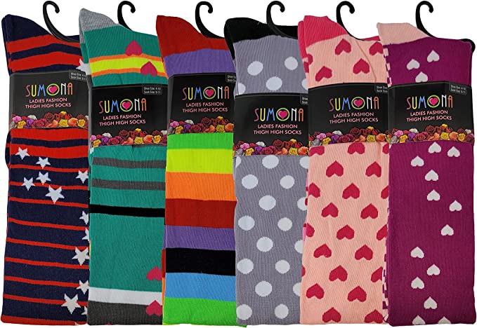 Thigh High Over the Knee Socks | Neon Polka Dot Hearts Color | Women (6 Pairs)