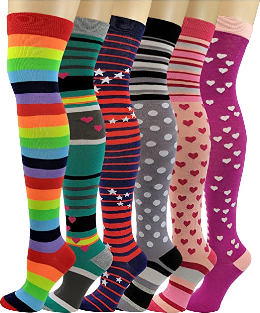 Thigh High Over the Knee Socks | Neon Polka Dot Hearts Color | Women (6 Pairs)