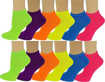 An assortment of bright colored ankle socks displayed on human legs, showing various neon color designs.