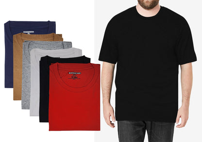 Collection of plain t-shirts in various colors with a person wearing a black oversize  t-shirt.