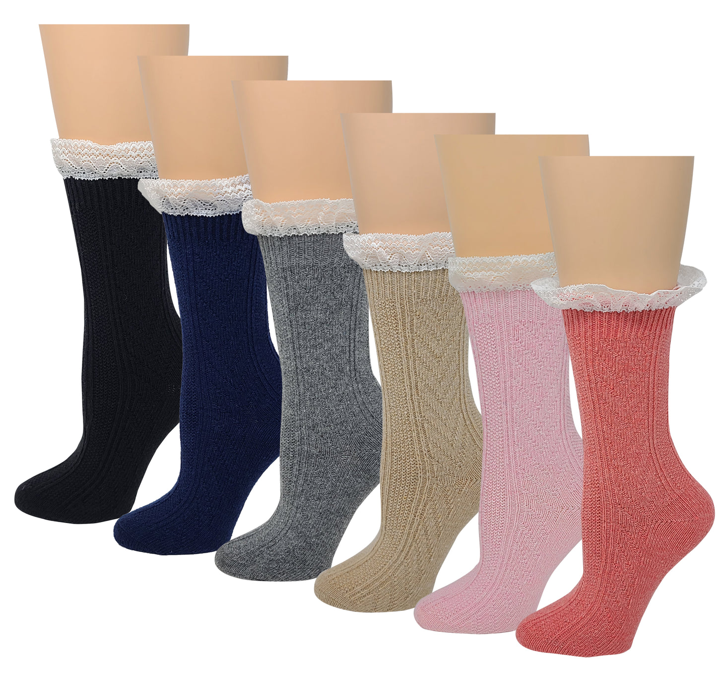 Winter Boot Crew Socks | Cable Knit with Lace | Women (6 pairs)