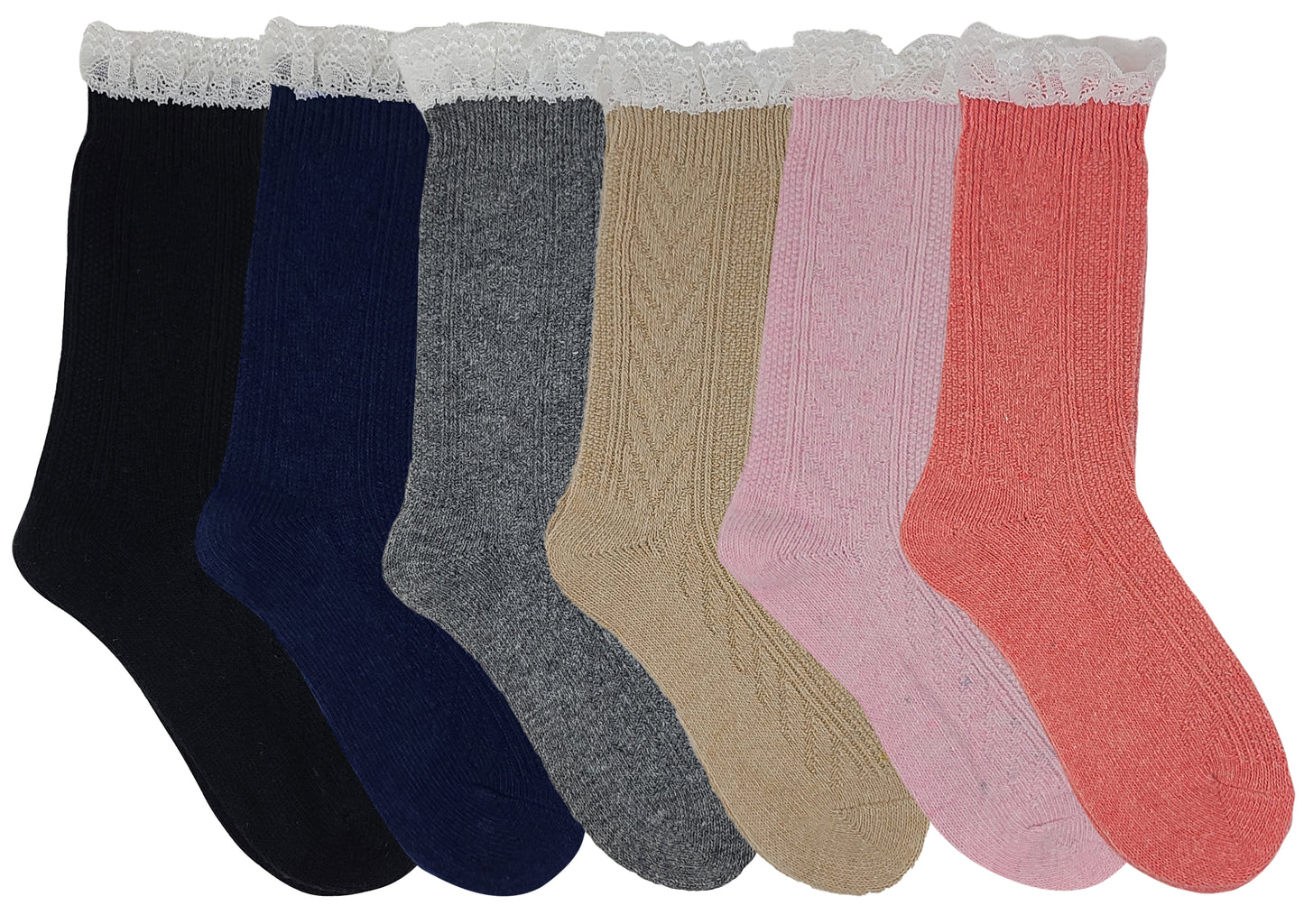 Winter Boot Crew Socks | Cable Knit with Lace | Women (6 pairs)