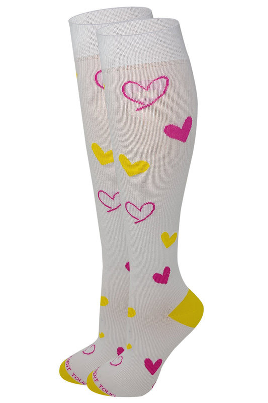 Women White Pink Hearts Graduated  Compression Knee High Socks