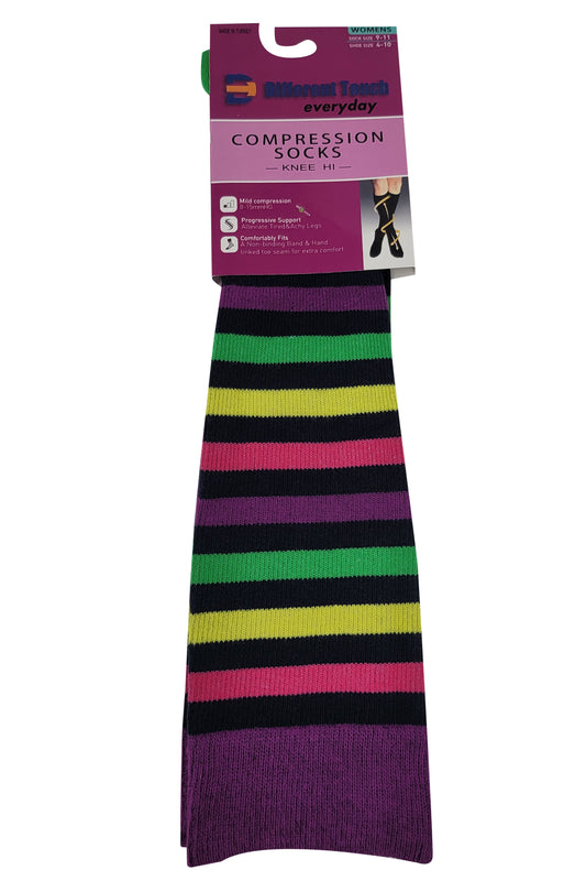 Compression Knee High Socks | Colorful Stripes Design | Women (1 Pair)