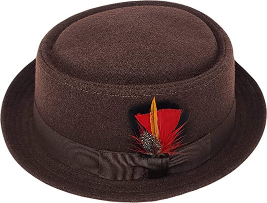 Round Top Pork Pie Fedora Hat | Short Brim with Feather | Men's