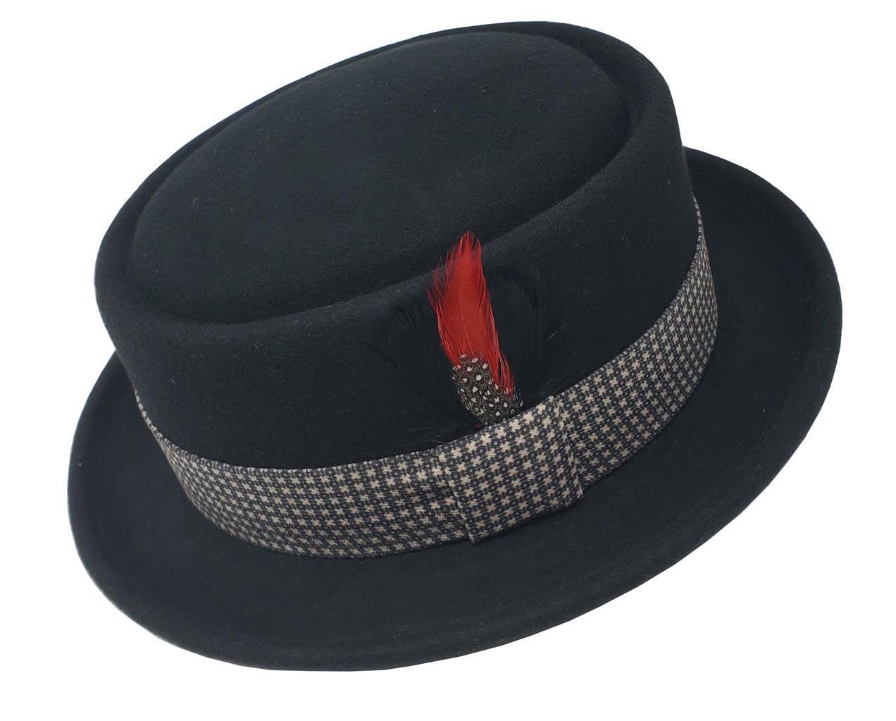 Pork Pie Flat Top Hat | 100% Wool | Robert Pattern Black Lined Band