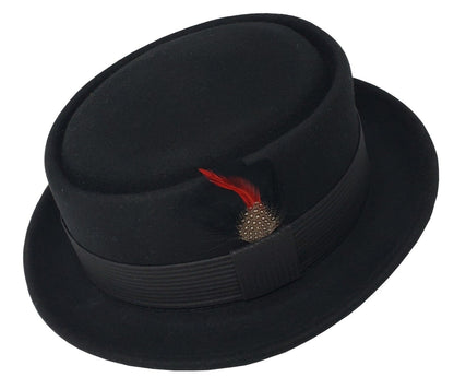 Pork Pie Flat Top Hat | 100% Wool | Robert Pattern Black Lined Band