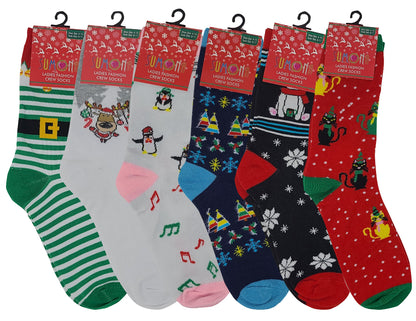 Women’s Christmas novelty crew socks in festive holiday designs – 6-pair pack