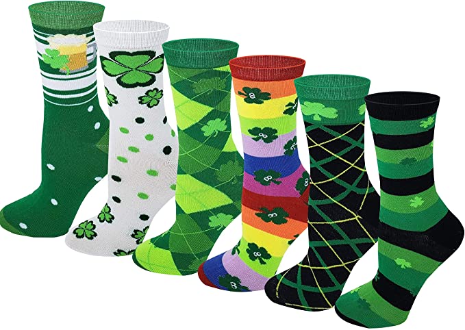 Women 6 Pairs Pack Neon Saint Patrick Day Novelty Crew Socks