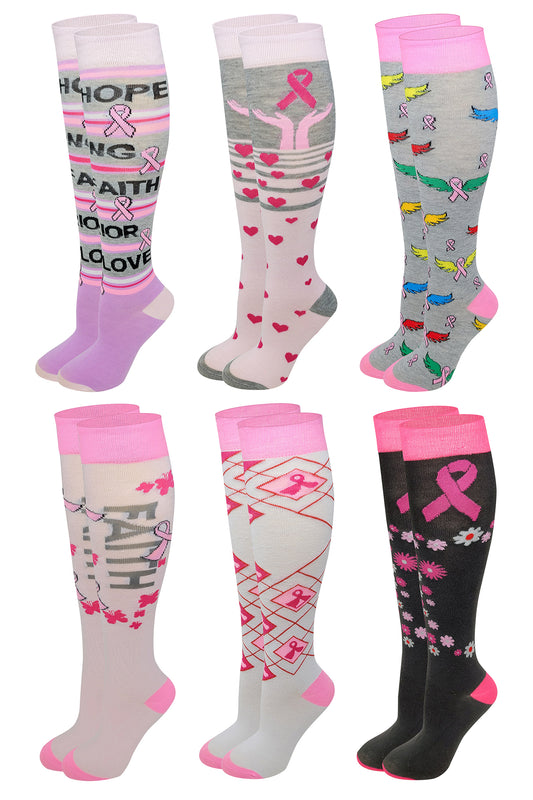 Women 6 pairs Breast  Cancer Awareness Knee High Socks