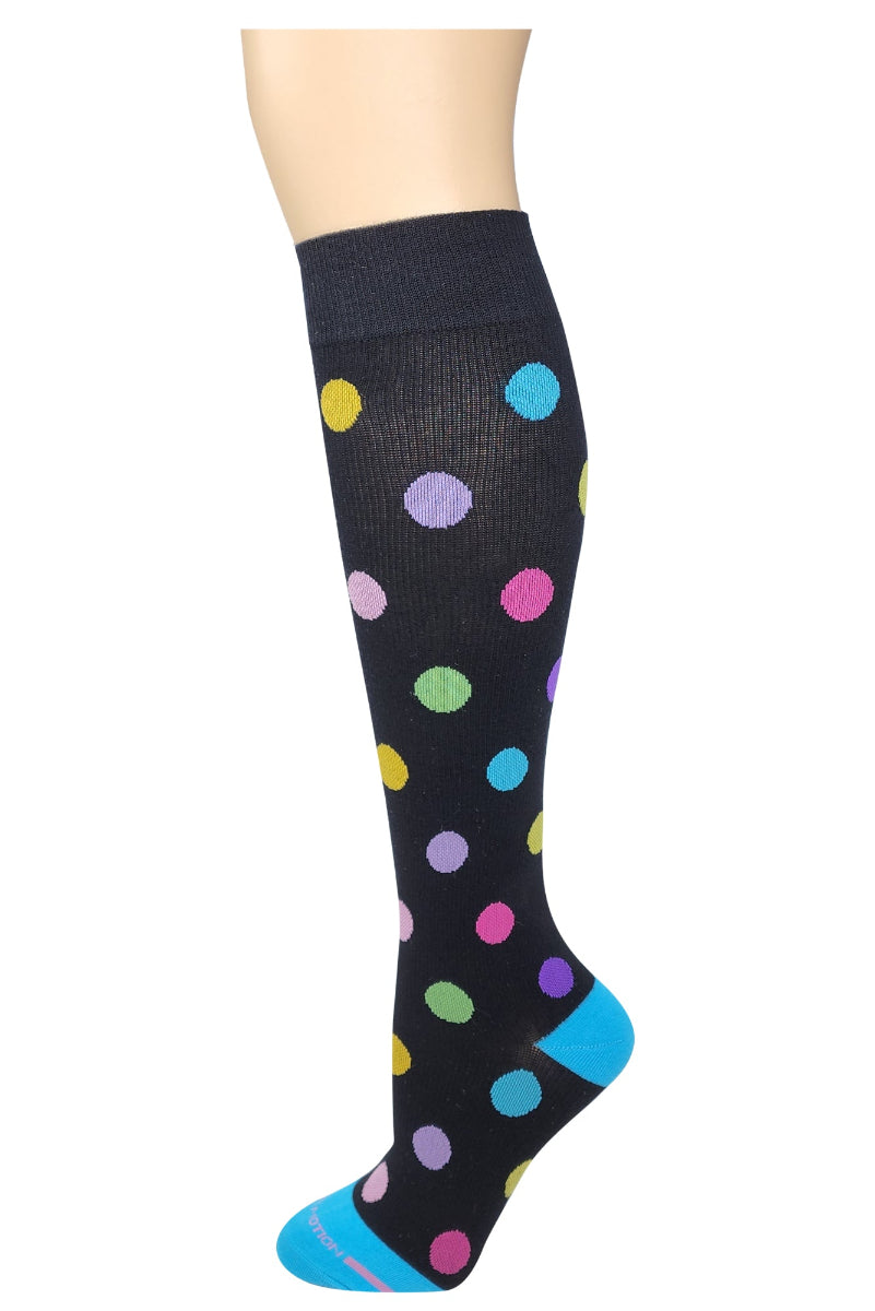 Black Compression knee-high sock with colorful polka dots on a white background