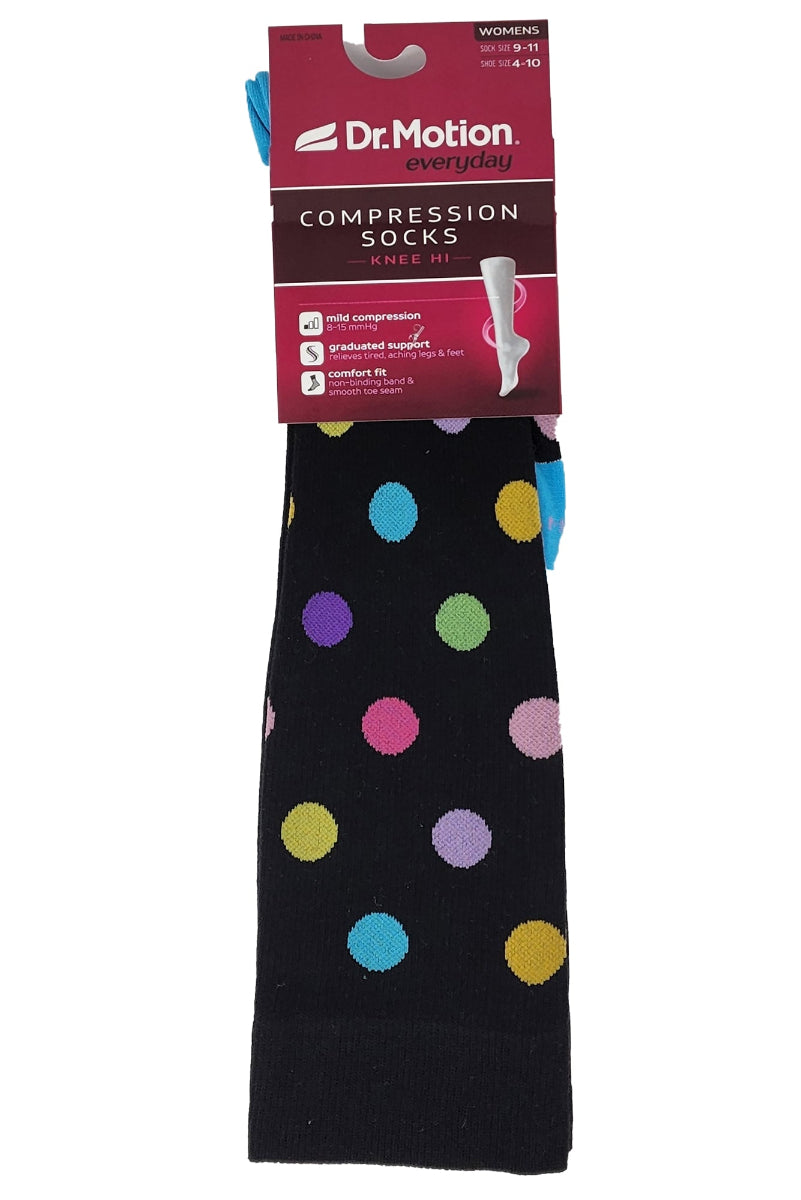 Black compression sock with colorful polka dots and Dr. Motion packaging on a white background